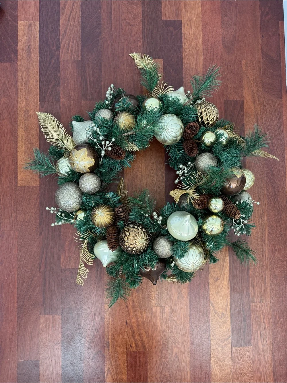 Holiday Pine Wreath with Gold and Green Ornaments